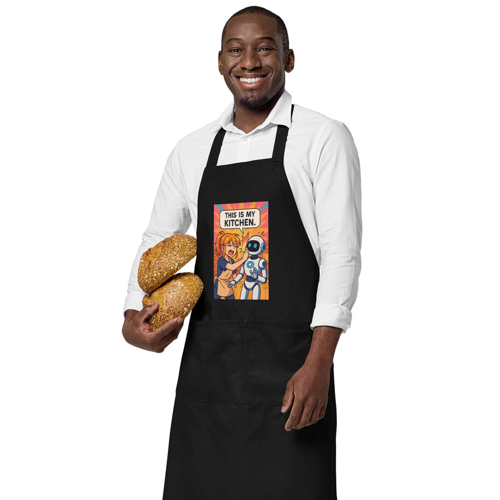 Man wearing an organic cotton apron with anime design, holding fresh bread, showcasing style and functionality in the kitchen.