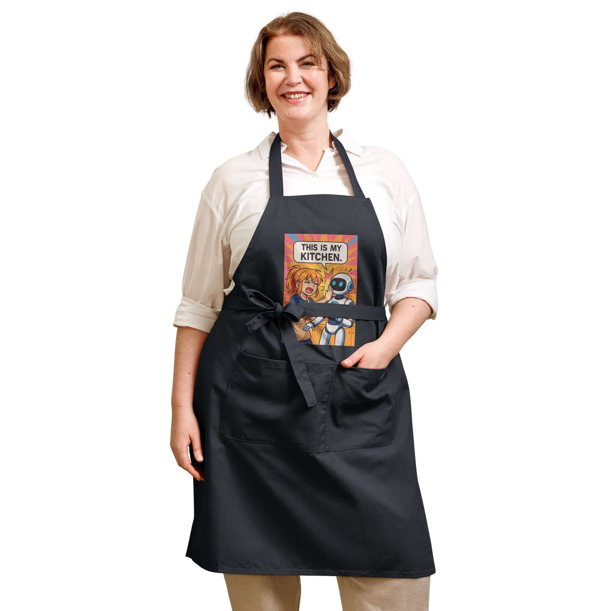 Woman wearing an Organic cotton apron with a fun design, perfect for cooking and protecting against spills.